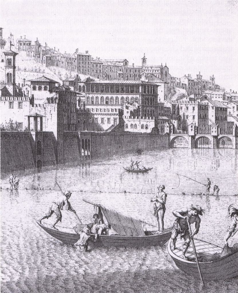 The “little boats” on the Arno at Ponte alle Grazie, in a print by Giuseppe Zocchi (18th century)