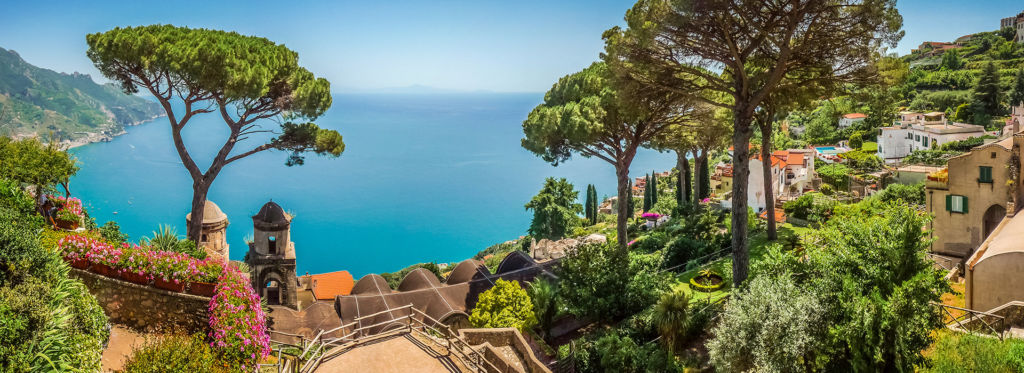 Amalfi Coast from Villa Rufolo gardens in Ravello, Campania, Italy